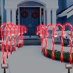 Christmas Decor Candy Cane Solar Lights Outdoor 12 Pack, 28"  Lights, Red